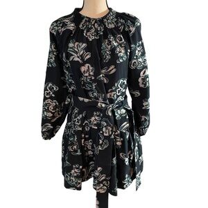 Tanya Taylor Silk Blend Midi Long Sleeve Belt Dress Size Small Navy Green